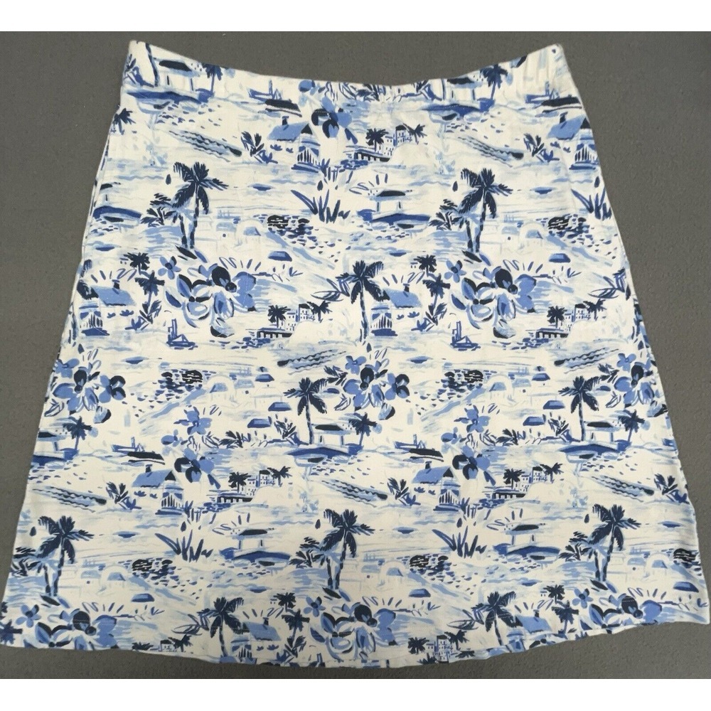 J Jill Skirt XS Blue White Palm Tree Pull On Stretch Casual Beachy Tropic Boho